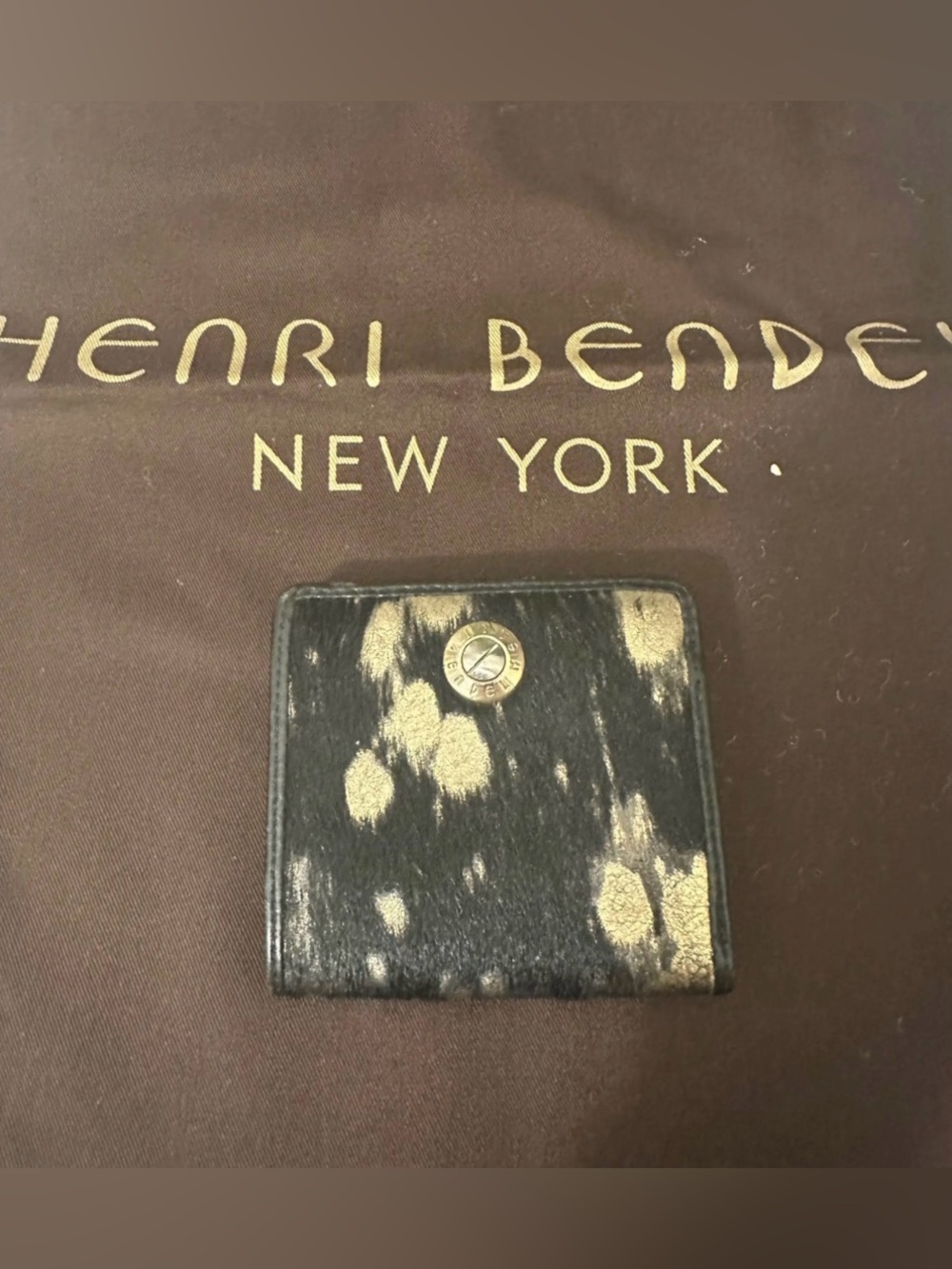 Henri Bendel Black Haircalf Compact Wallet with Gold Spots NWOT 3.5x4